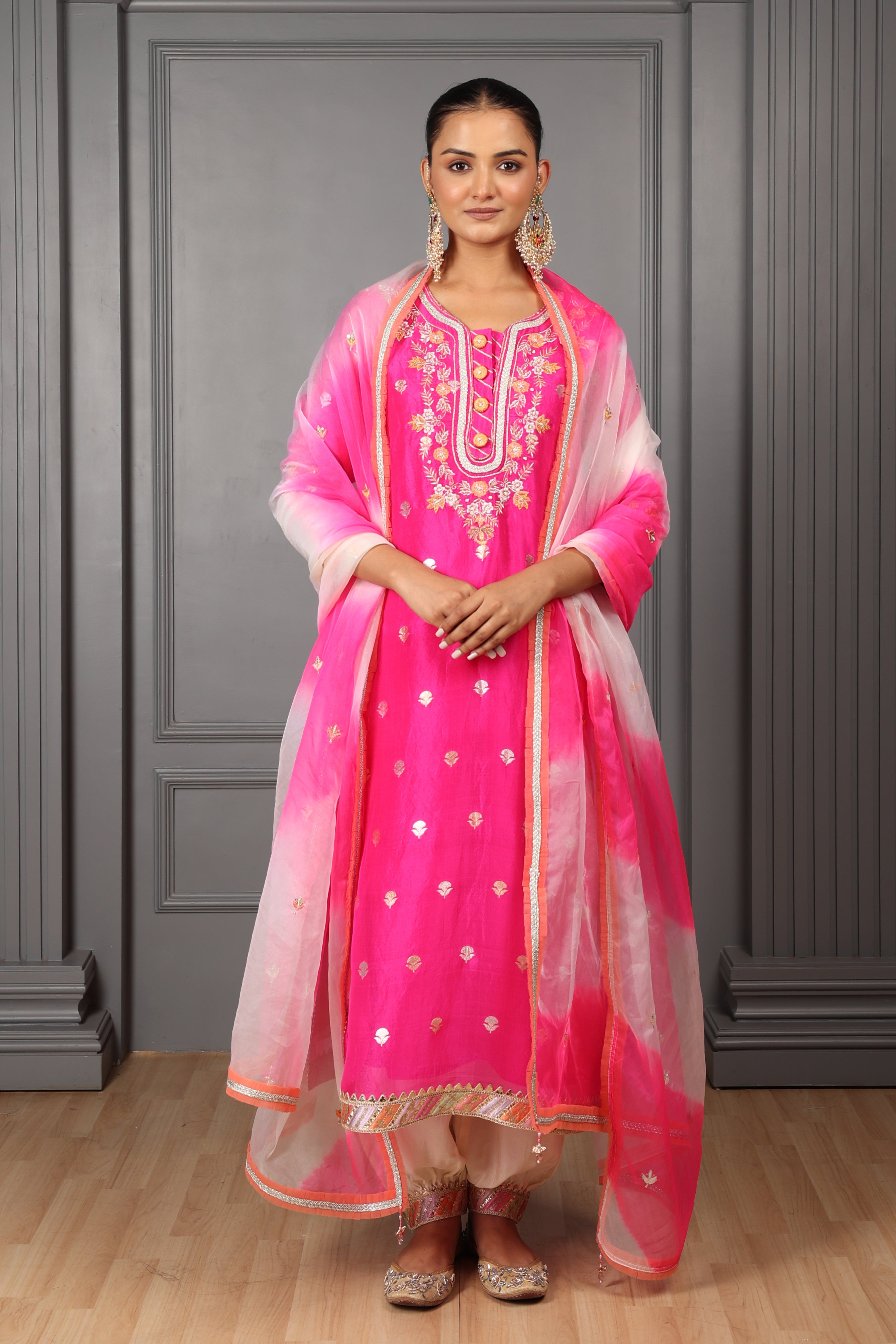 Fushia Pink Embroidered Stylised Kurta Set