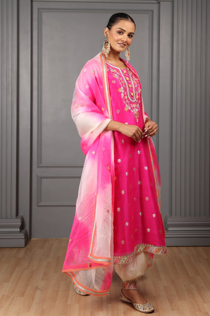 Fushia Pink Embroidered Stylised Kurta Set