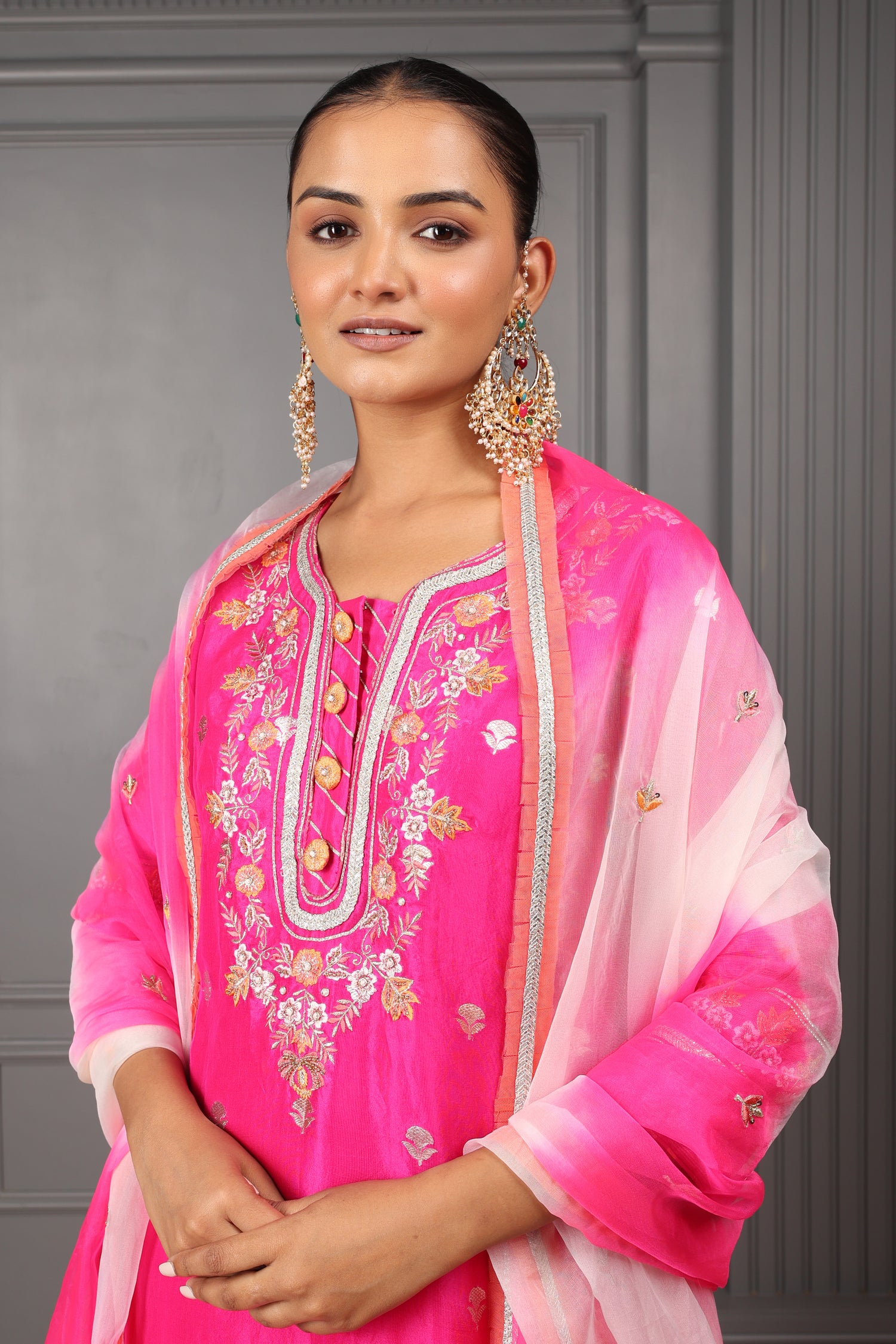 Fushia Pink Embroidered Stylised Kurta Set