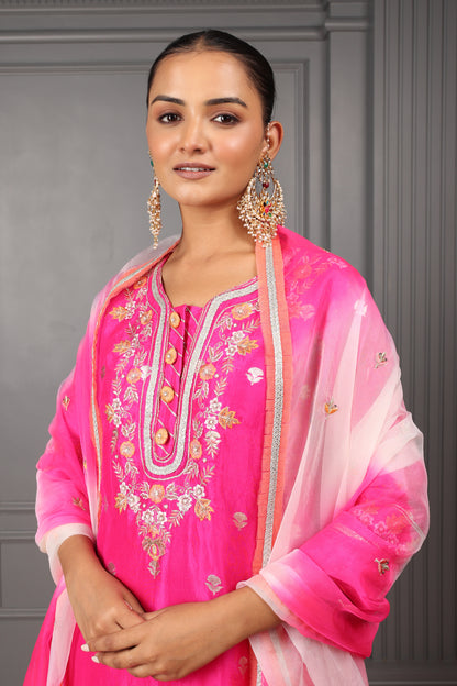 Fushia Pink Embroidered Stylised Kurta Set