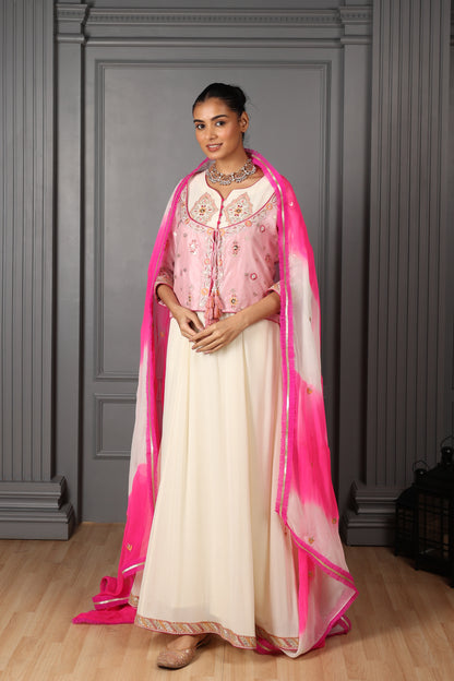 Off-White Embroidered Kalidar Set with Embroidered Koti