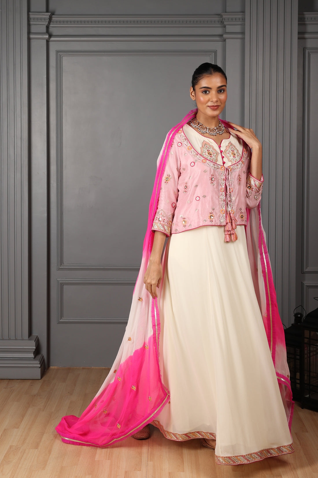 Off-White Embroidered Kalidar Set with Embroidered Koti