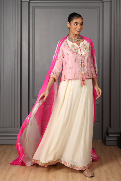 Off-White Embroidered Kalidar Set with Embroidered Koti