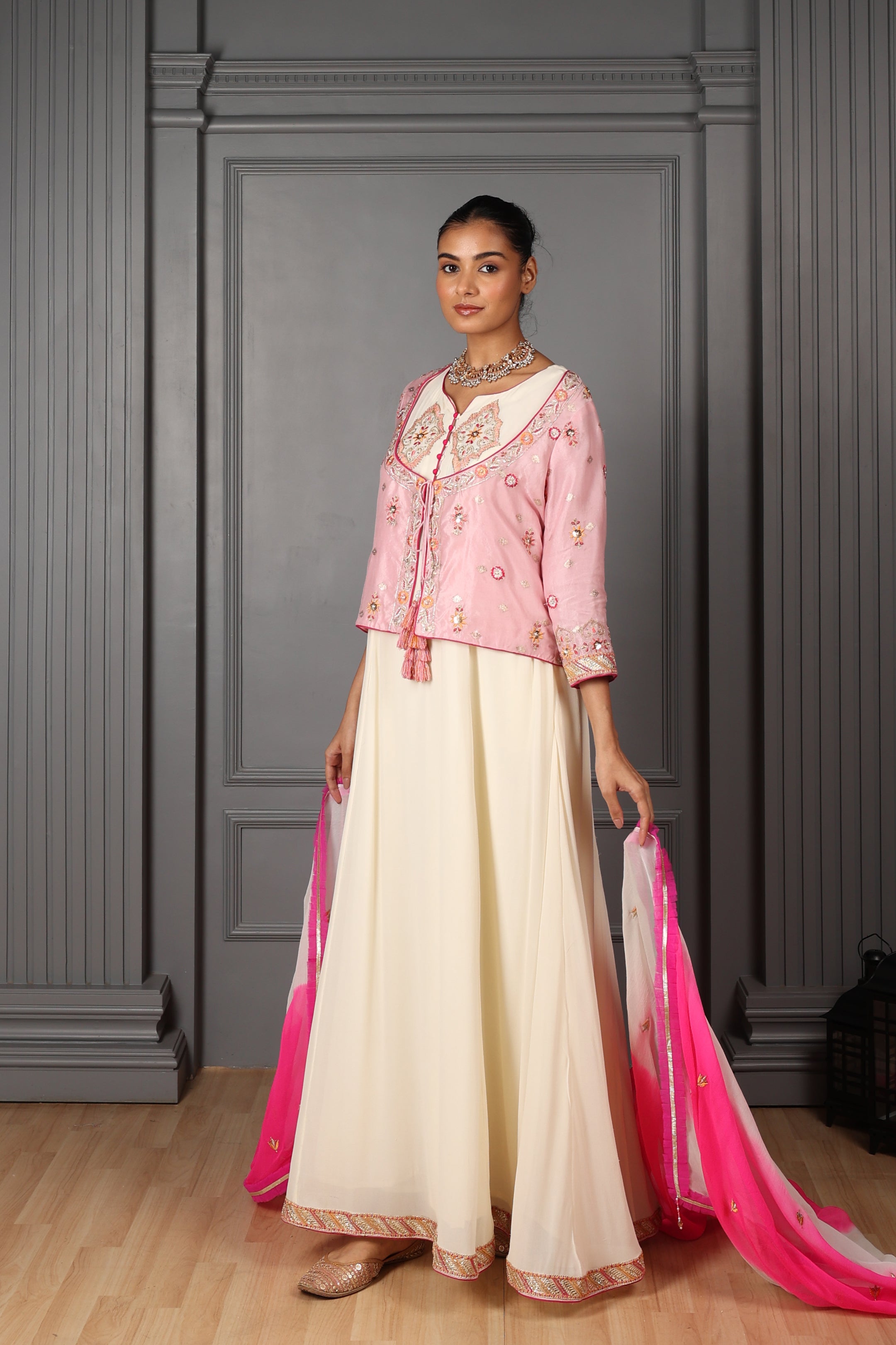 Off-White Embroidered Kalidar Set with Embroidered Koti