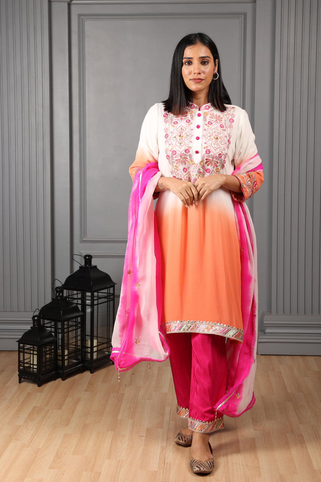 Orange and Off-white Ombre Embroidered Stylised Kurta Suit Set