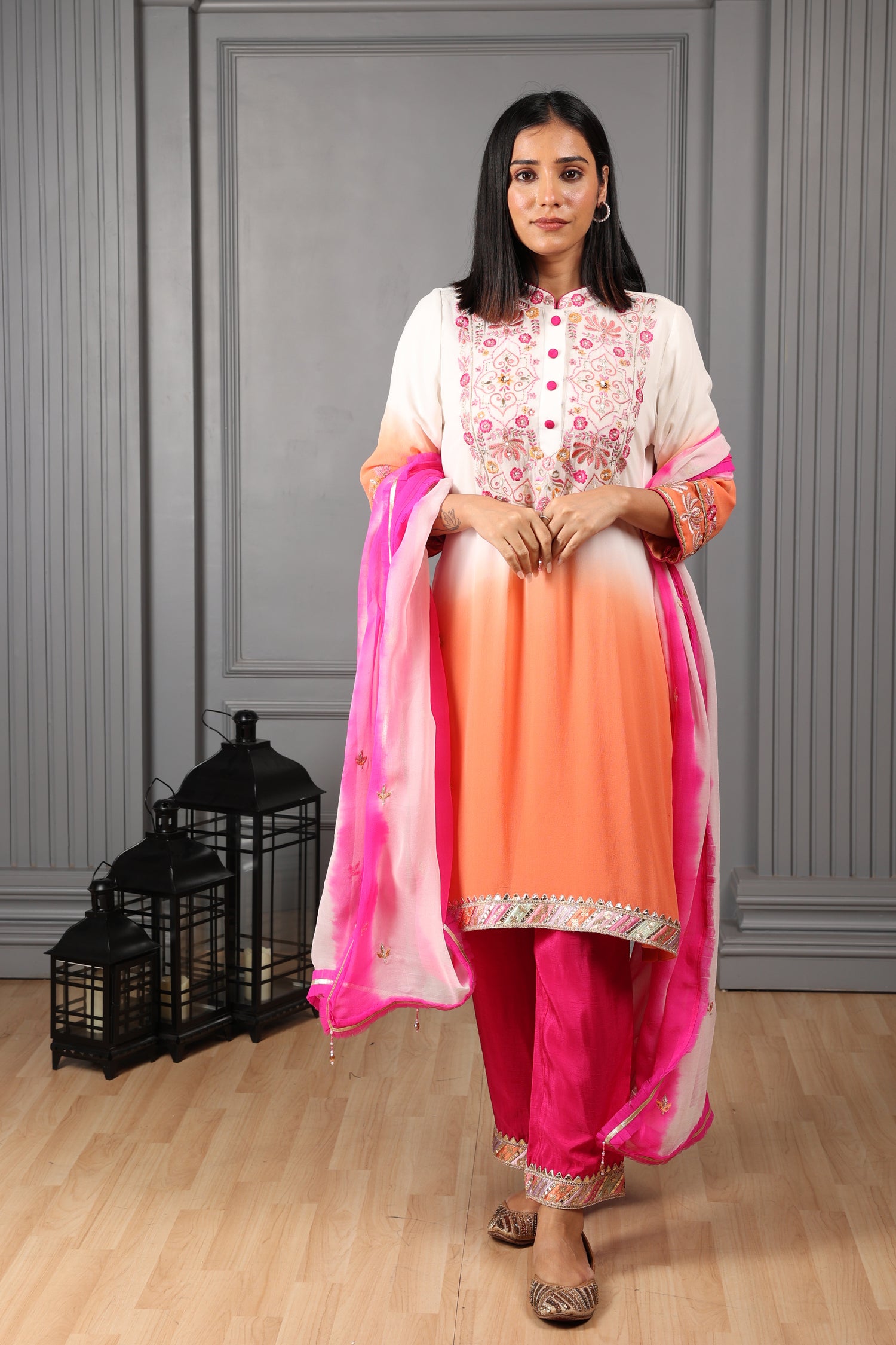 Orange and Off-white Ombre Embroidered Stylised Kurta Set