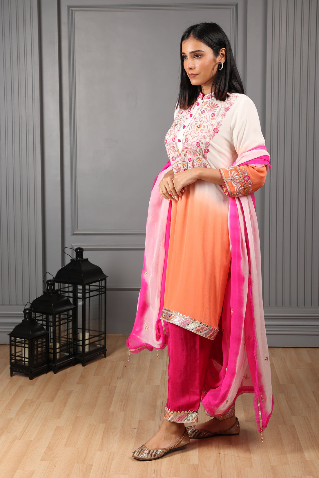 Orange and Off-white Ombre Embroidered Stylised Kurta Suit Set