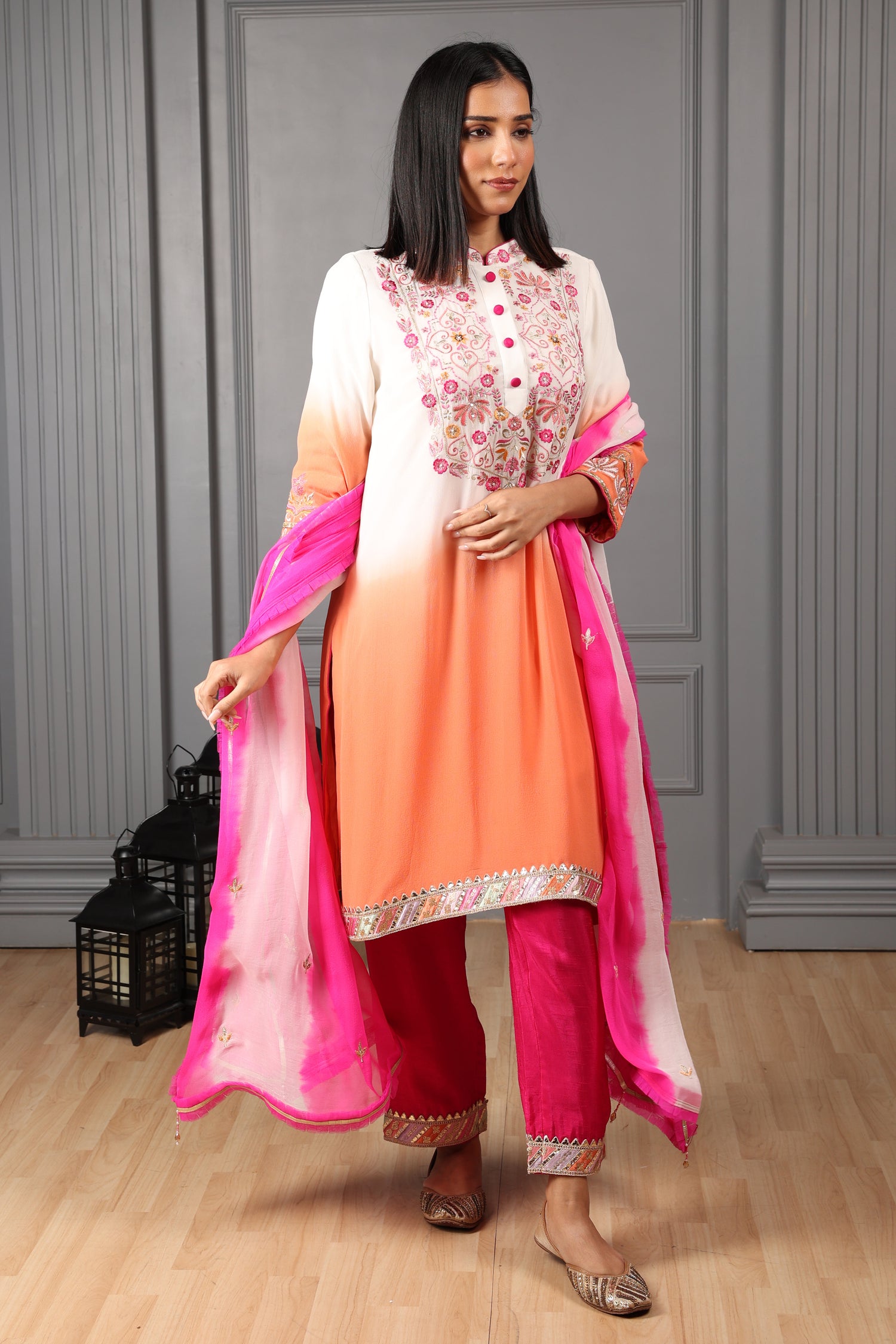 Orange and Off-white Ombre Embroidered Stylised Kurta Set