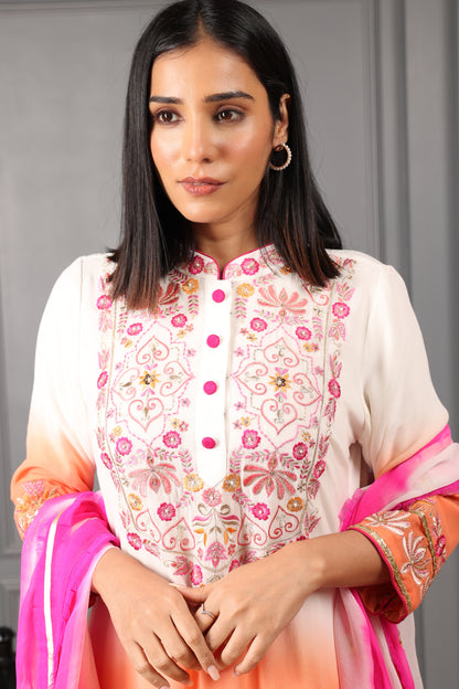 Orange and Off-white Ombre Embroidered Stylised Kurta Set