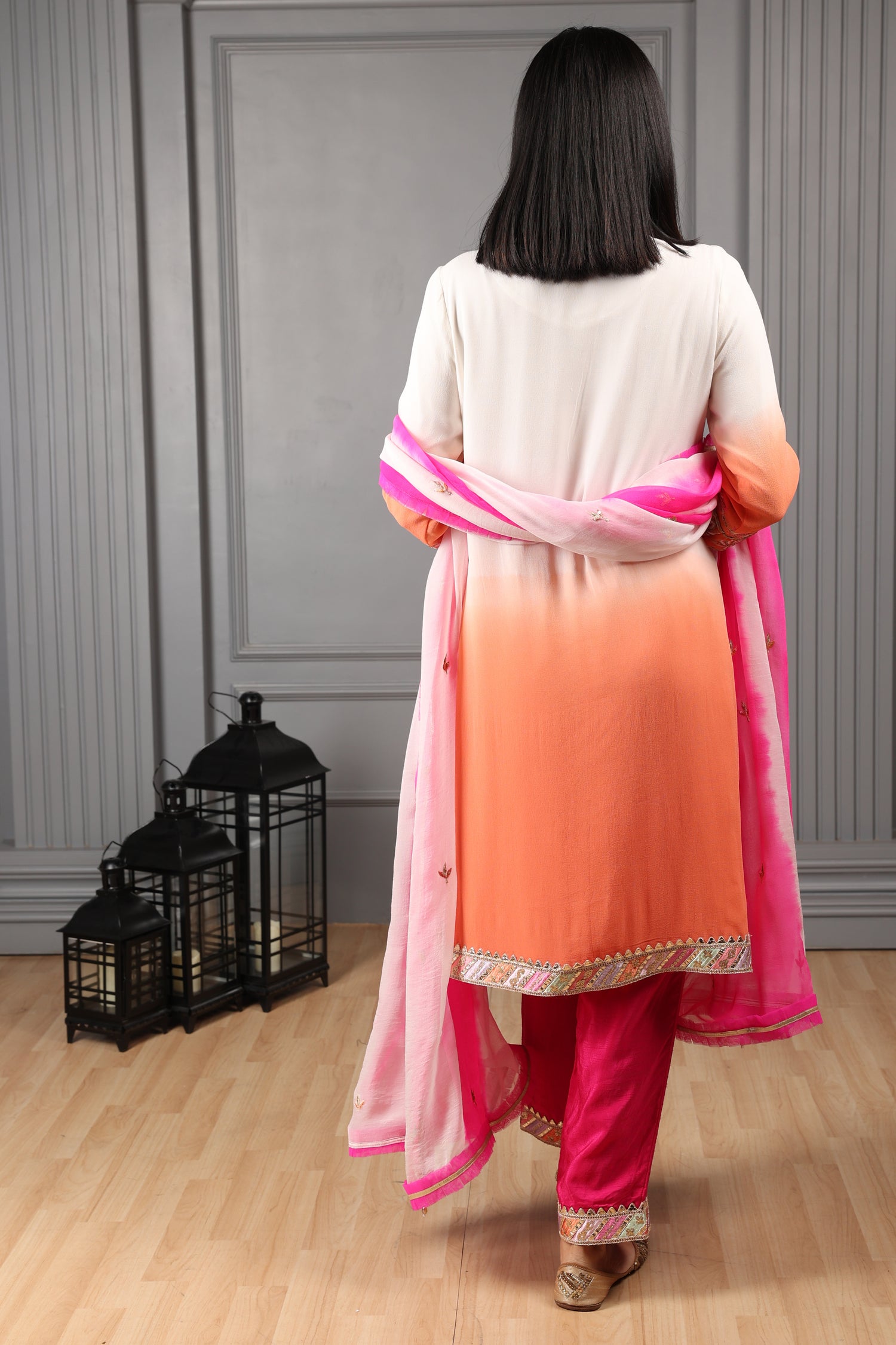 Orange and Off-white Ombre Embroidered Stylised Kurta Set