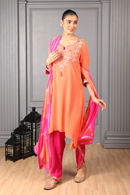 Orange Embroidered  High Low Kurta Set