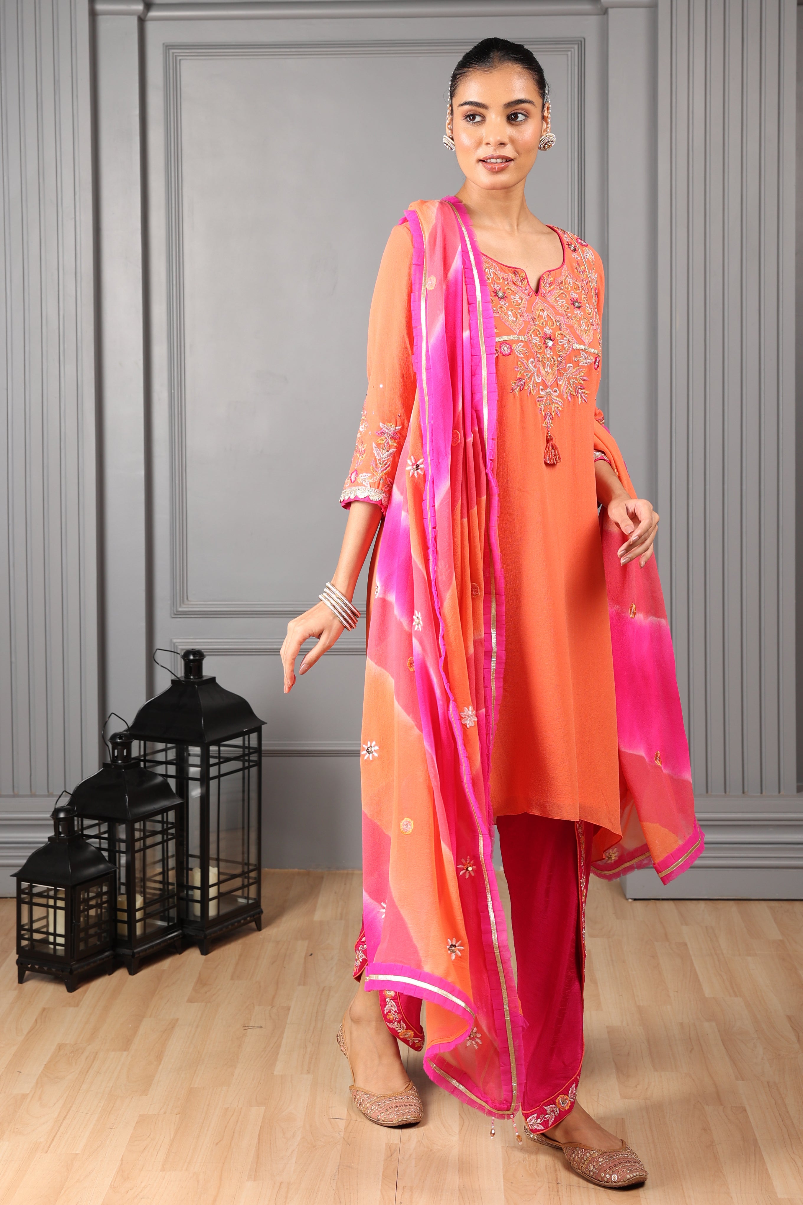 Orange Embroidered  High Low Kurta Set