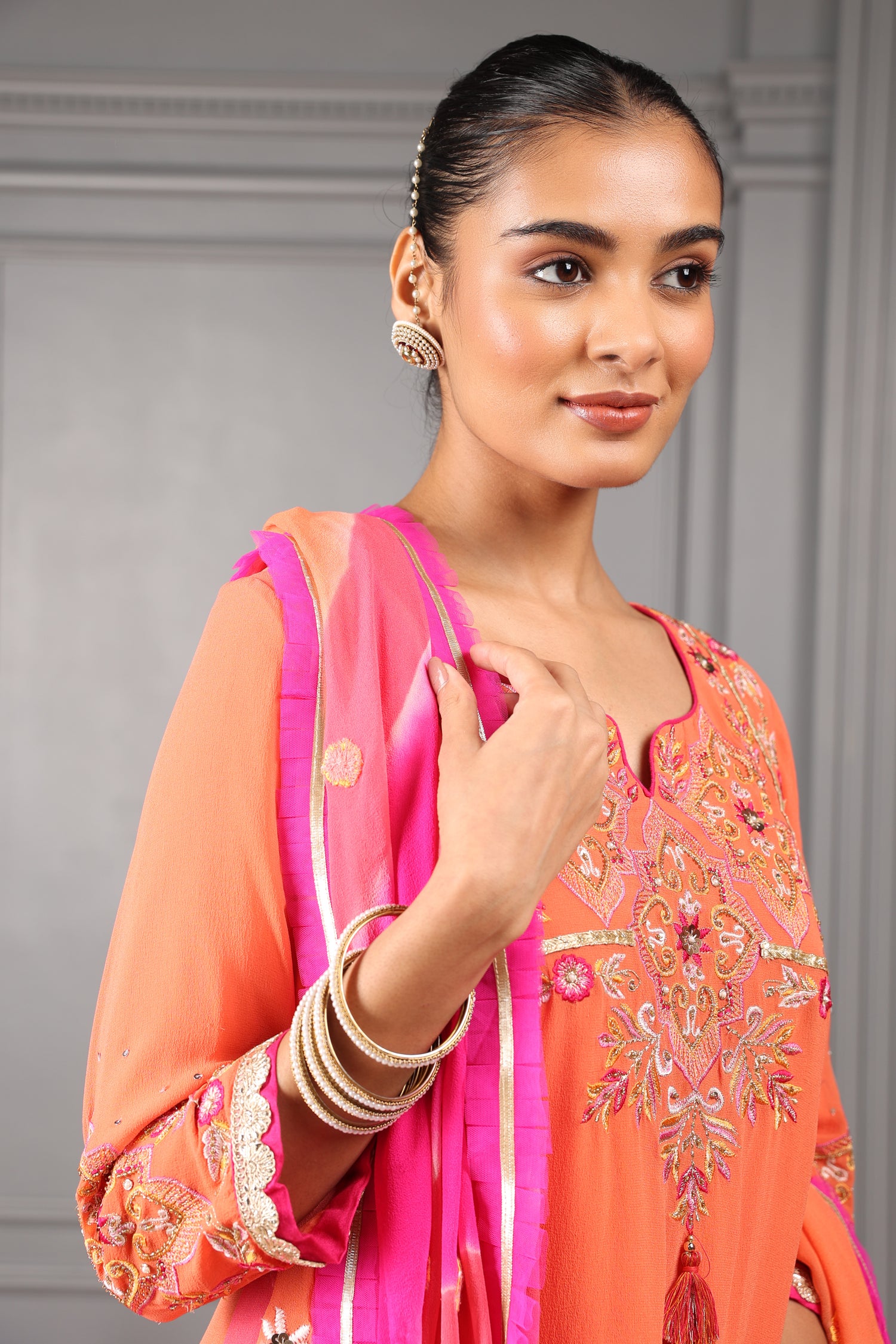 Orange Embroidered  High Low Kurta Set