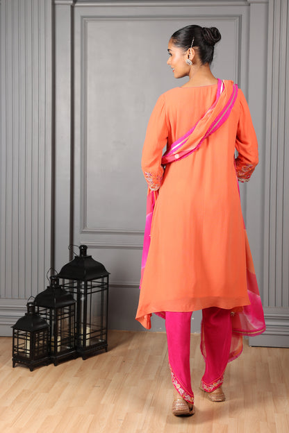 Orange Embroidered  High Low Kurta Set