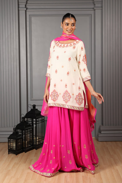 Off-White Embroidered Kurta Sharara Set