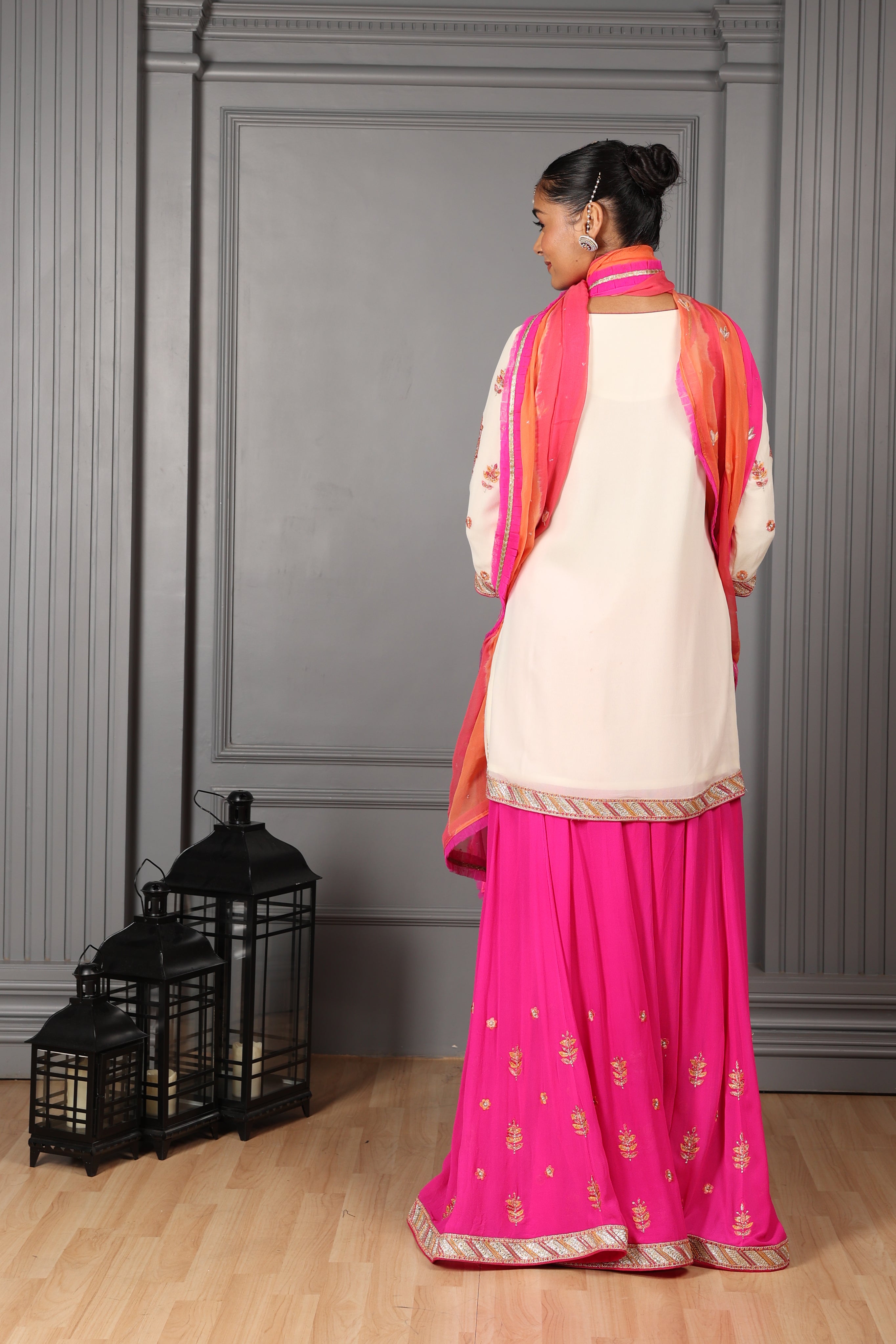 Off-White Embroidered Kurta Sharara Set