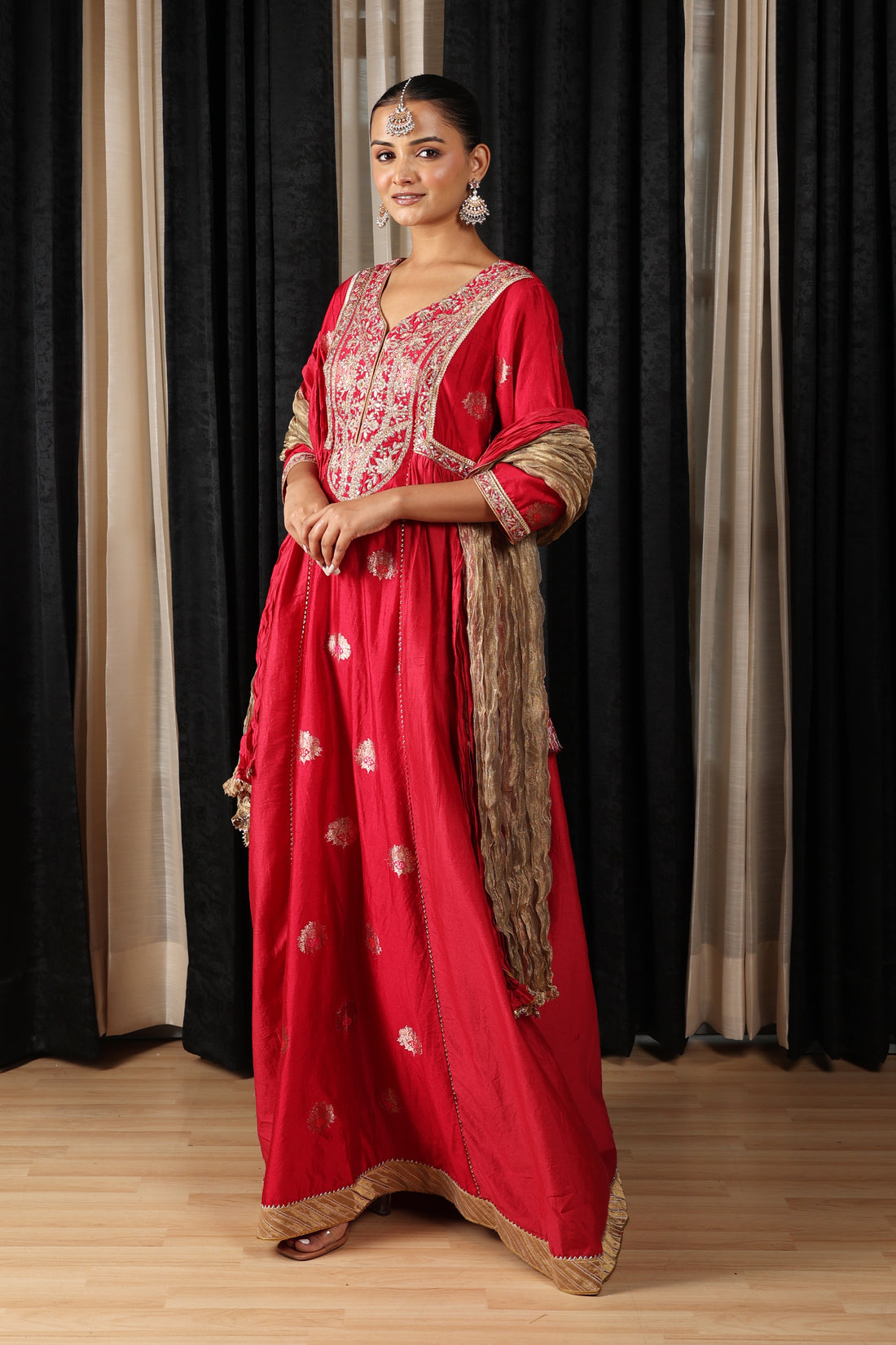 Red Embroidered Stylised Anarkali Set