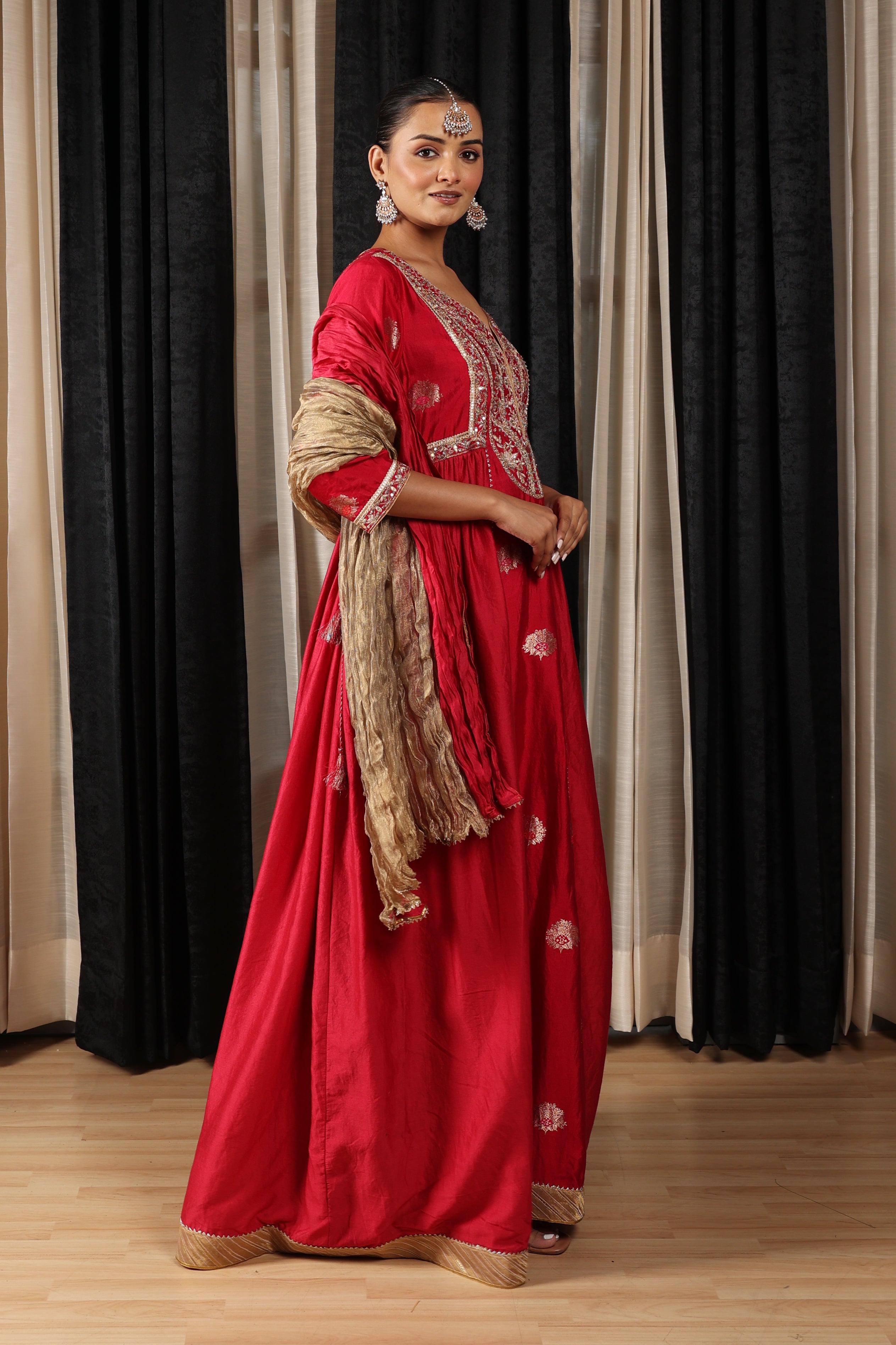 Red Embroidered Stylised Anarkali Set