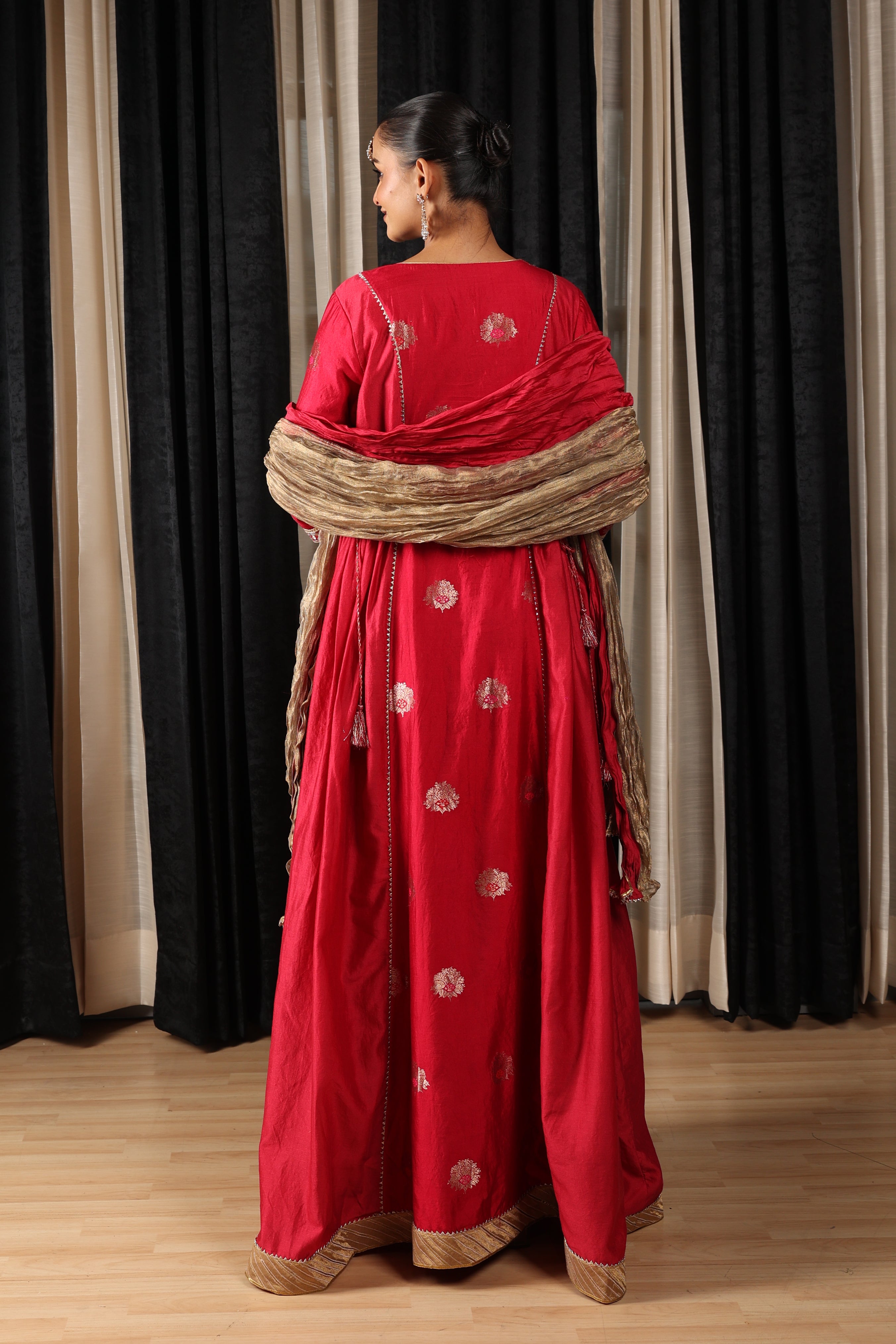 Red Embroidered Stylised Anarkali Set