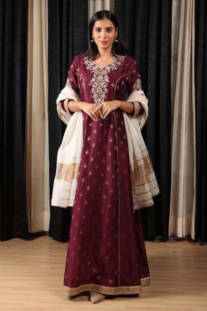 Maroon Embroidered Stylised Anarkali Set