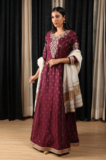 Maroon Embroidered Stylised Anarkali Set