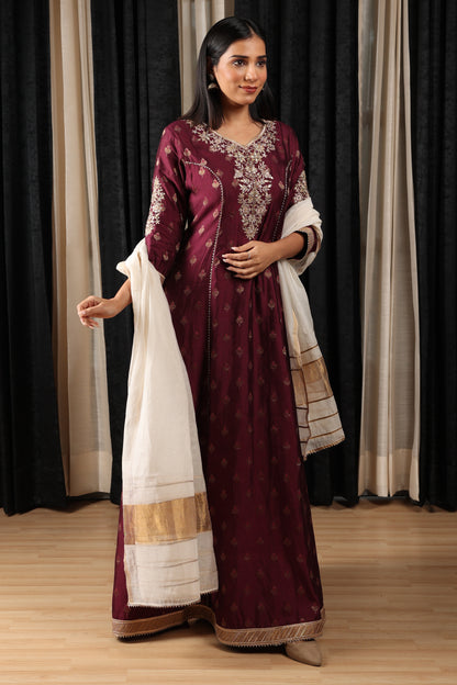 Maroon Embroidered Stylised Anarkali Set