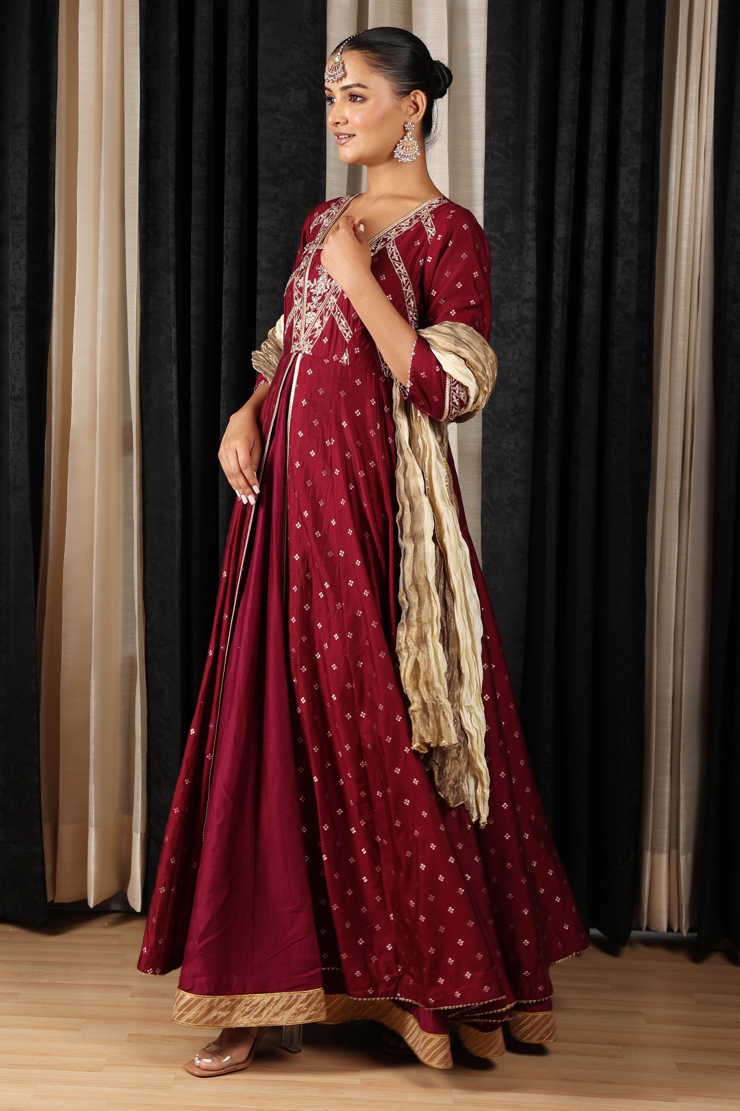 Maroon Embroidered Stylised Anarkali Set