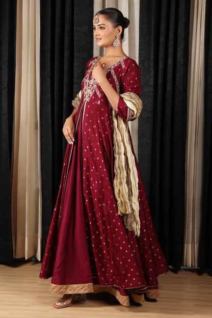 Maroon Embroidered Stylised Anarkali Set