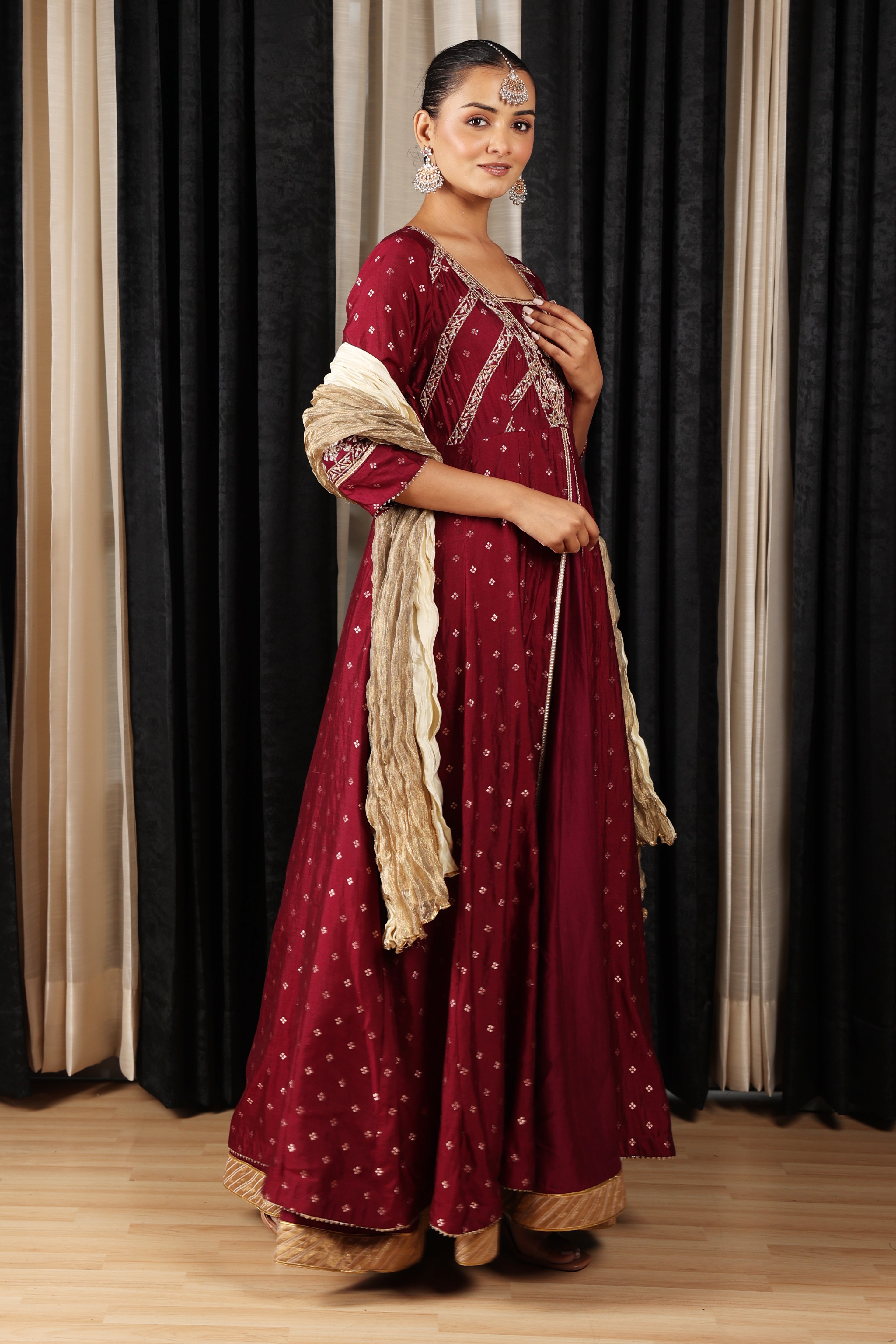 Maroon Embroidered Stylised Anarkali Set