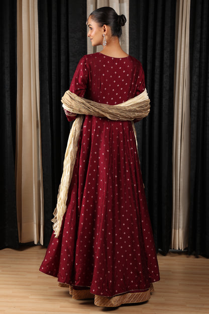 Maroon Embroidered Stylised Anarkali Set