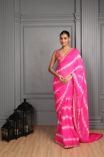 Tie &amp; Dye Saree with Embroidered Blouse