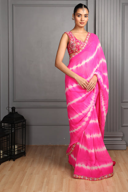 Tie &amp; Dye Saree with Embroidered Blouse