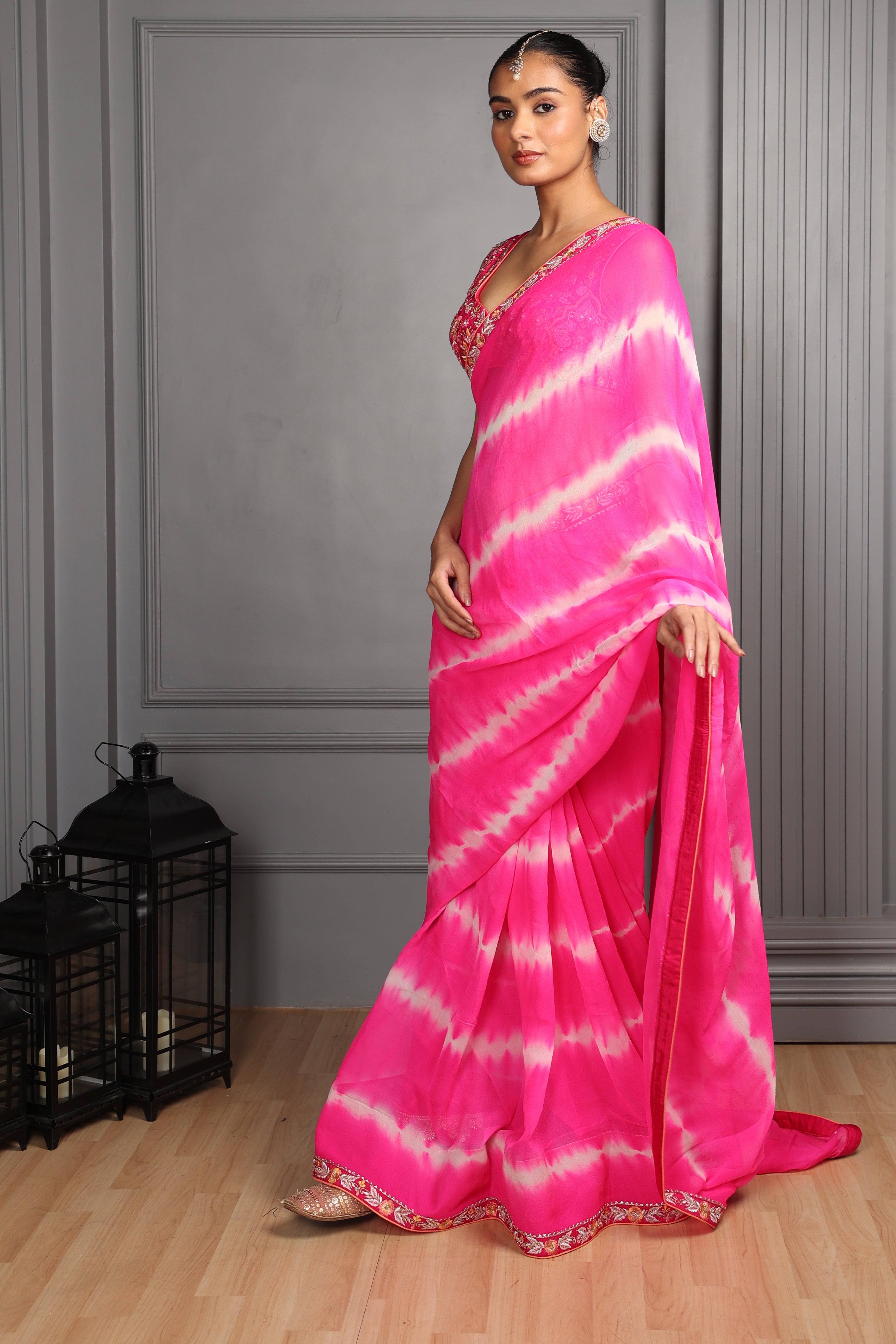 Tie &amp; Dye Saree with Embroidered Blouse