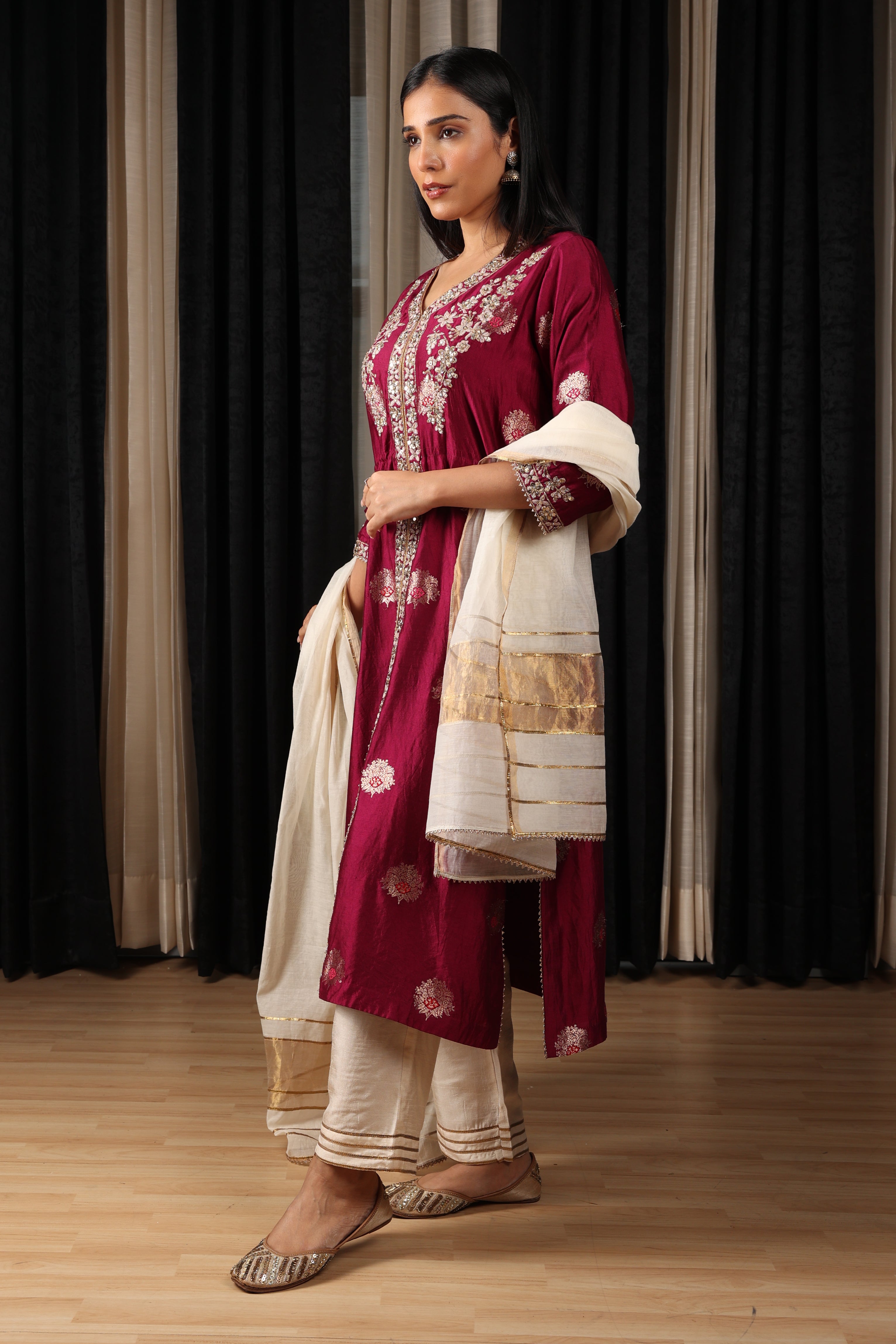 Maroon Embroidered Kurta Set