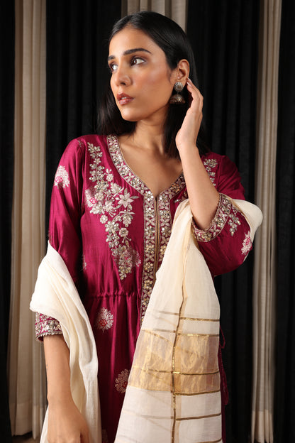 Maroon Embroidered Kurta Set