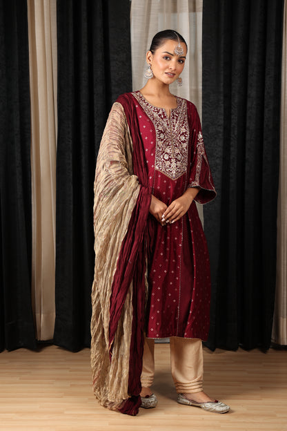 Maroon Embroidered Kurta Set