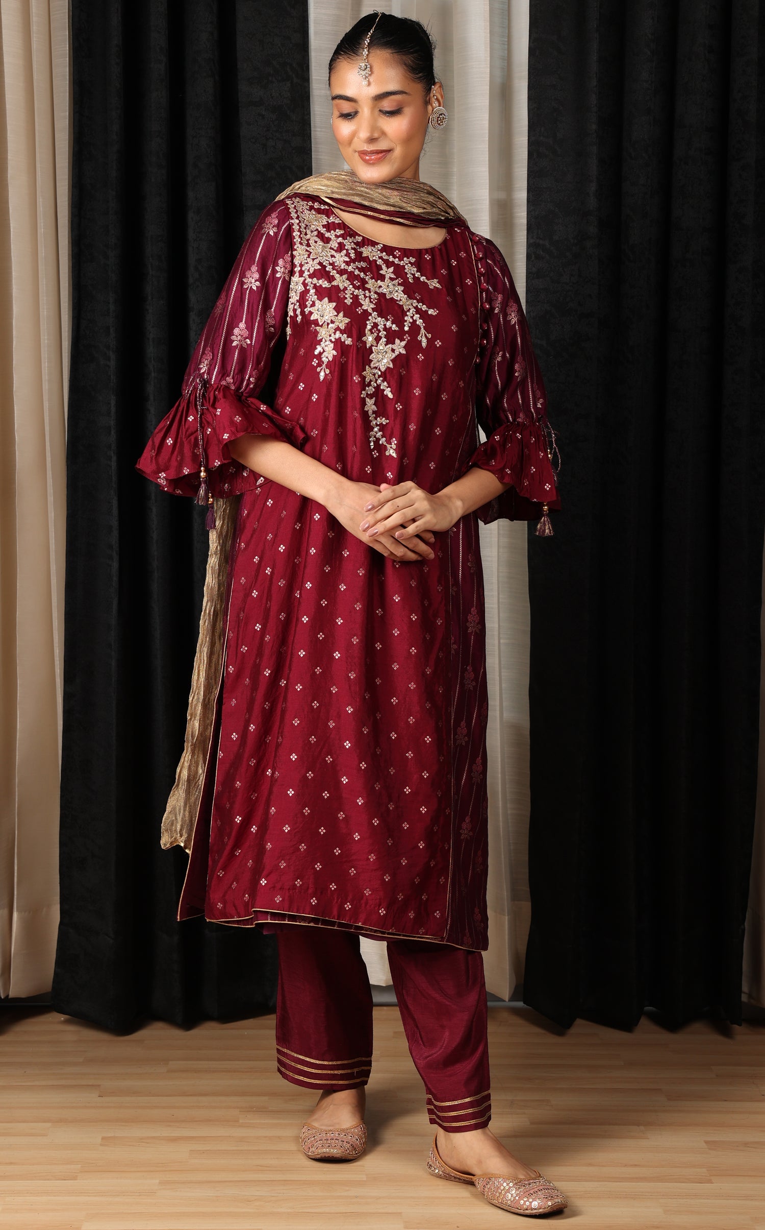 Maroon Embroidered Kurta Set