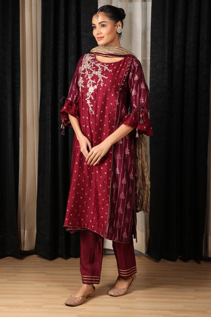 Maroon Embroidered Kurta Set