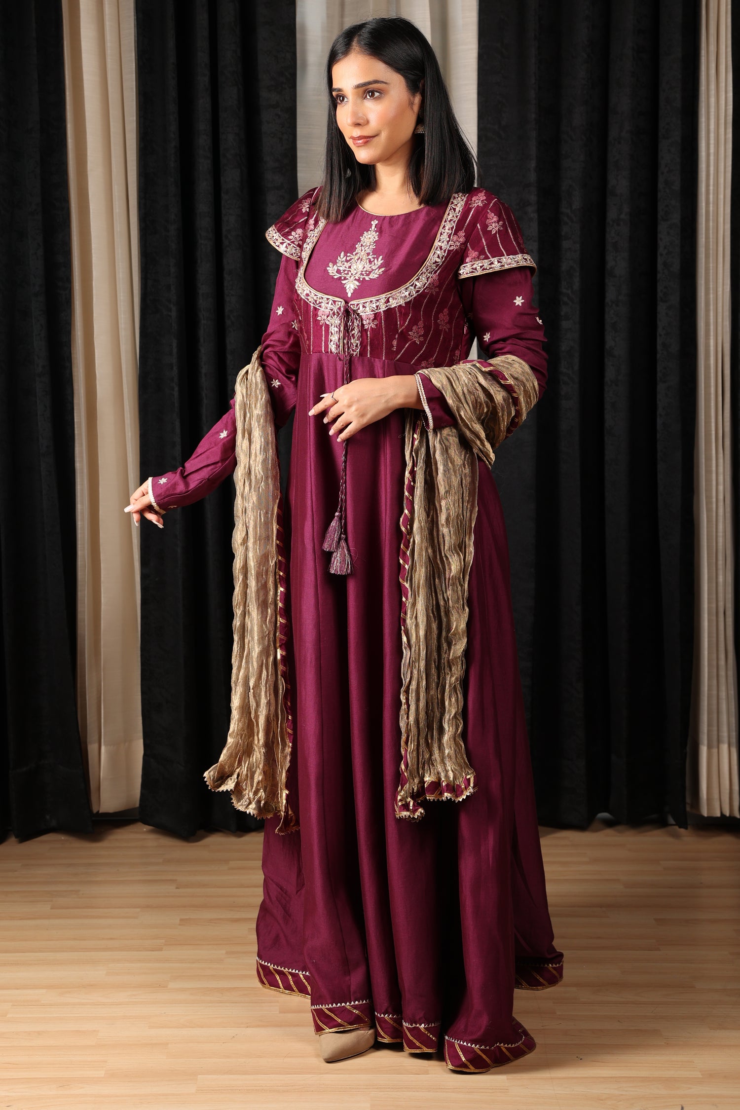 Maroon Embroidered Stylised Anarkali Set