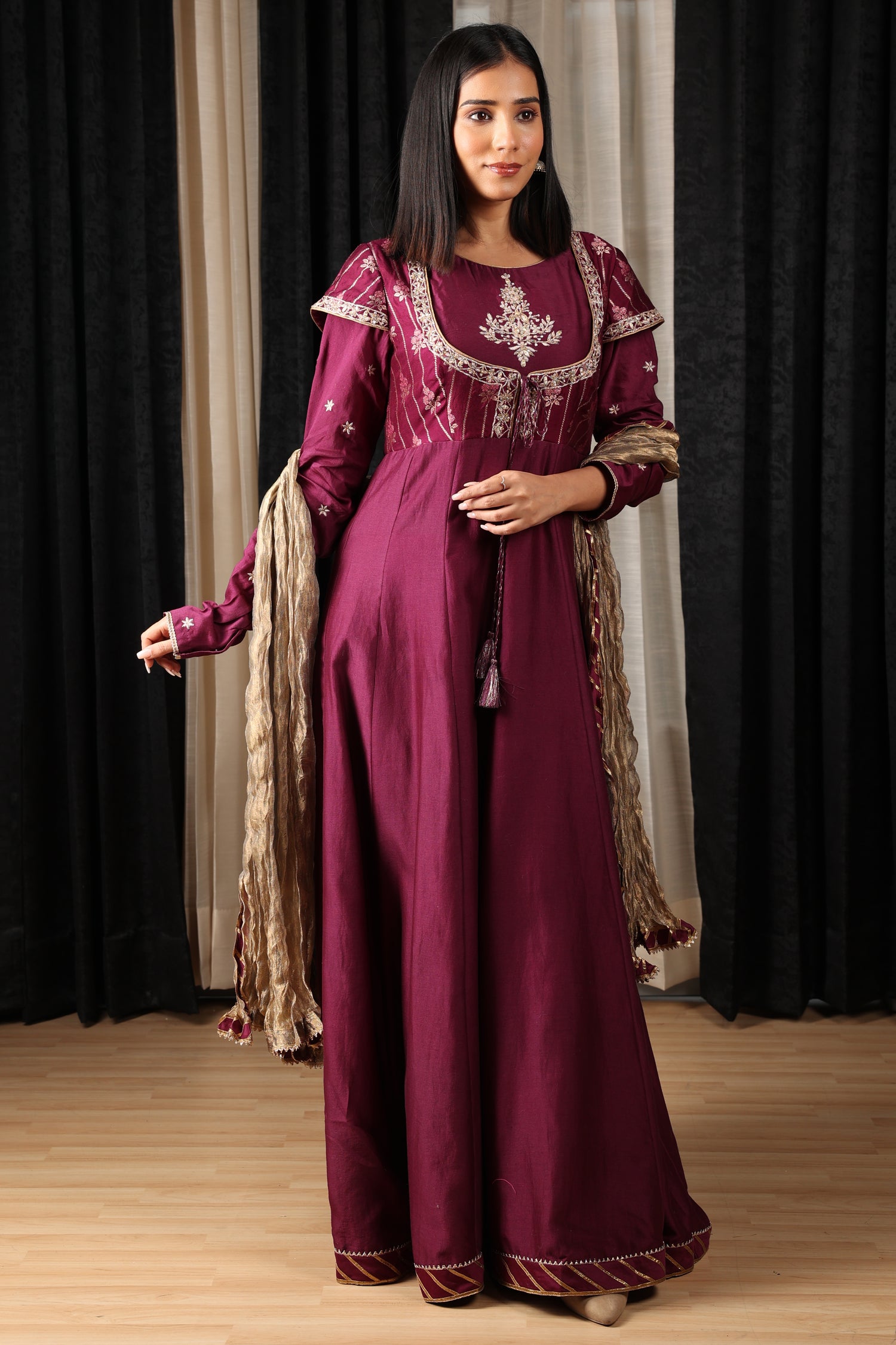 Maroon Embroidered Stylised Anarkali Set