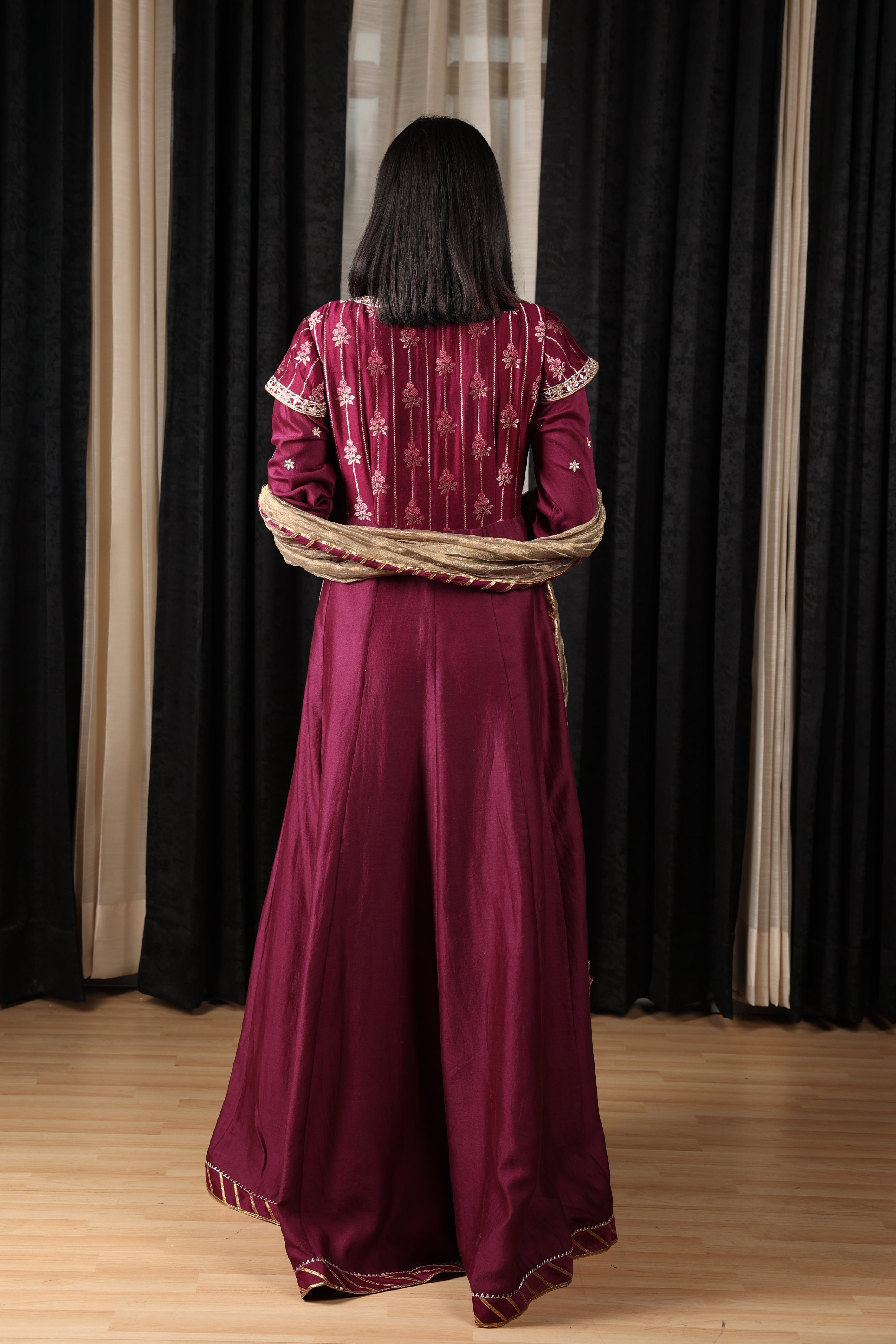 Maroon Embroidered Stylised Anarkali Set