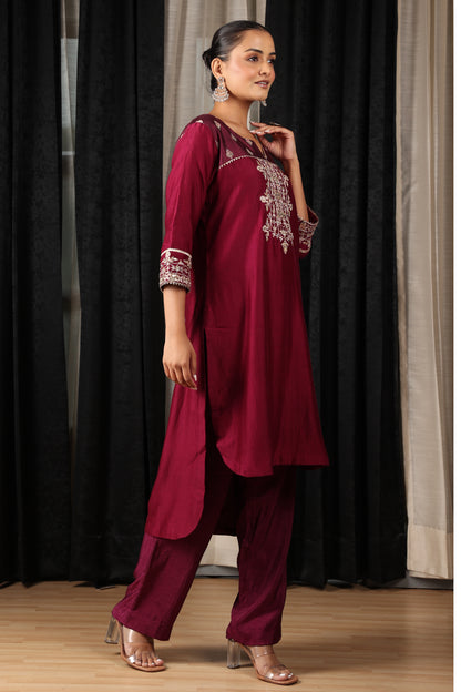 Maroon Embroidered Cord Set