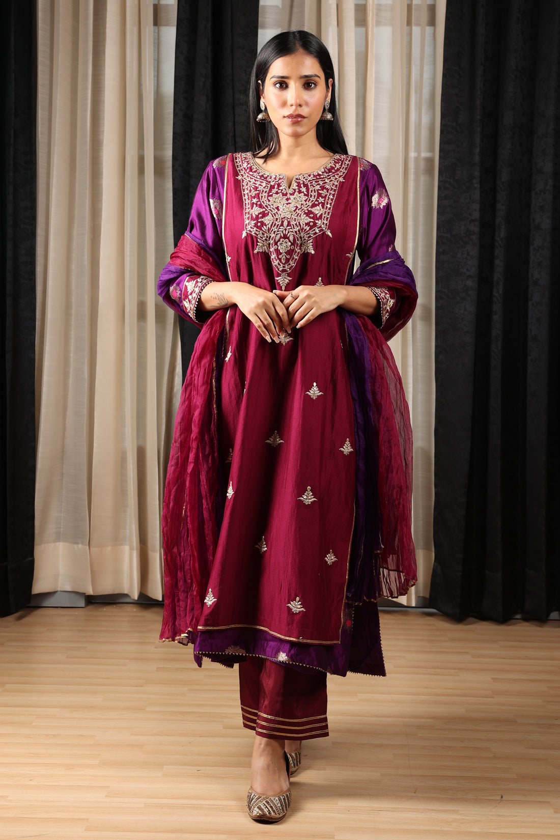 Purple and Maroon Embroidered Kurta Set