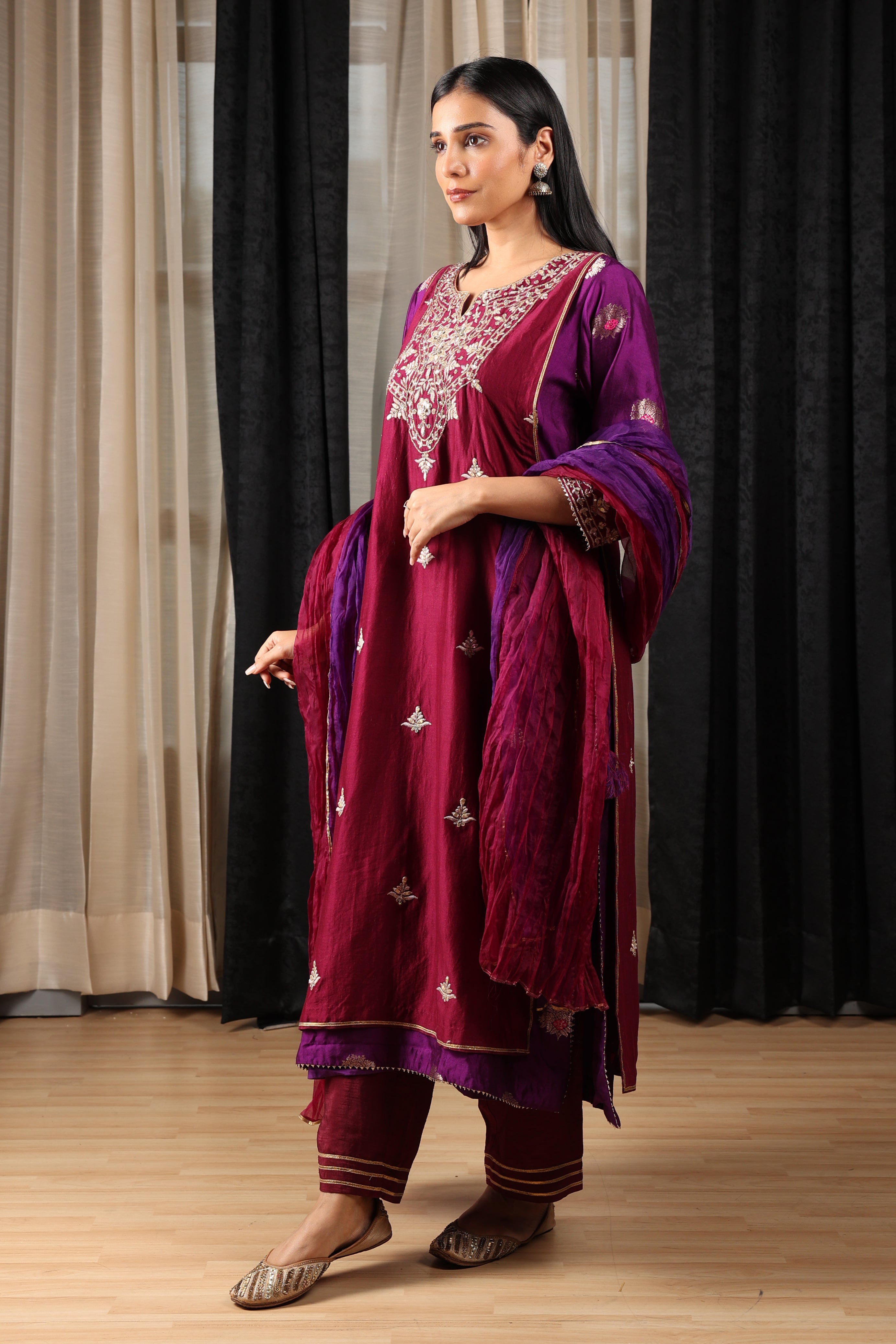 Purple and Maroon Embroidered Kurta Set