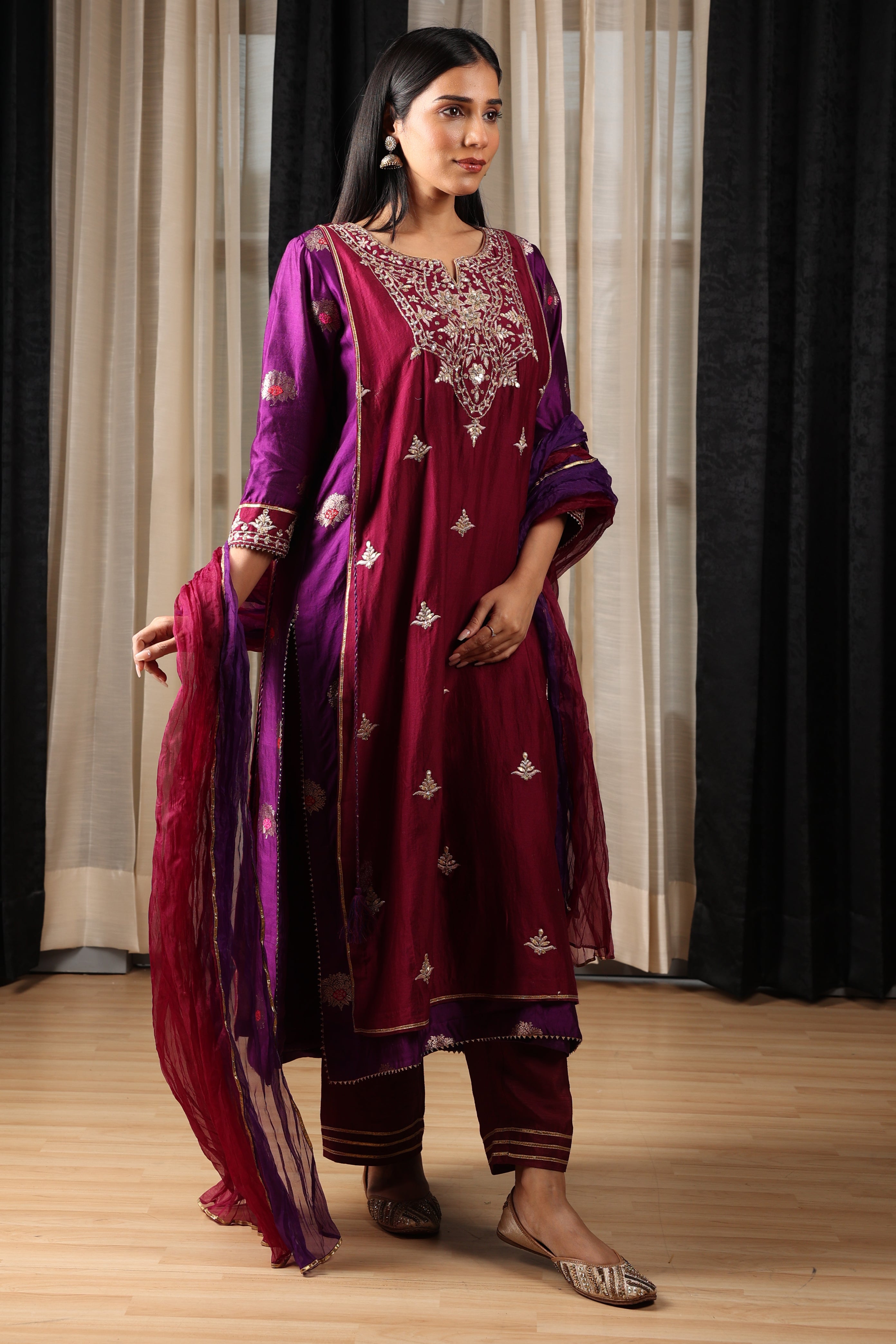 Purple and Maroon Embroidered Kurta Set