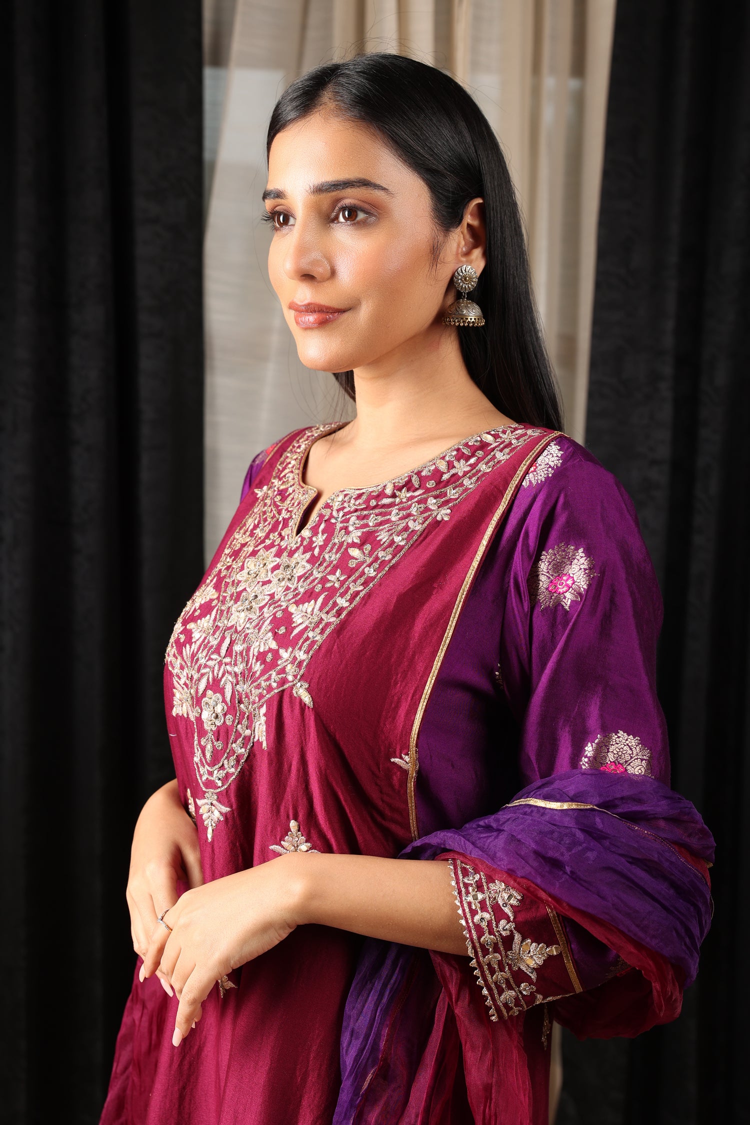 Purple and Maroon Embroidered Kurta Set