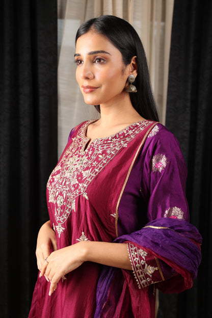 Purple and Maroon Embroidered Kurta Set