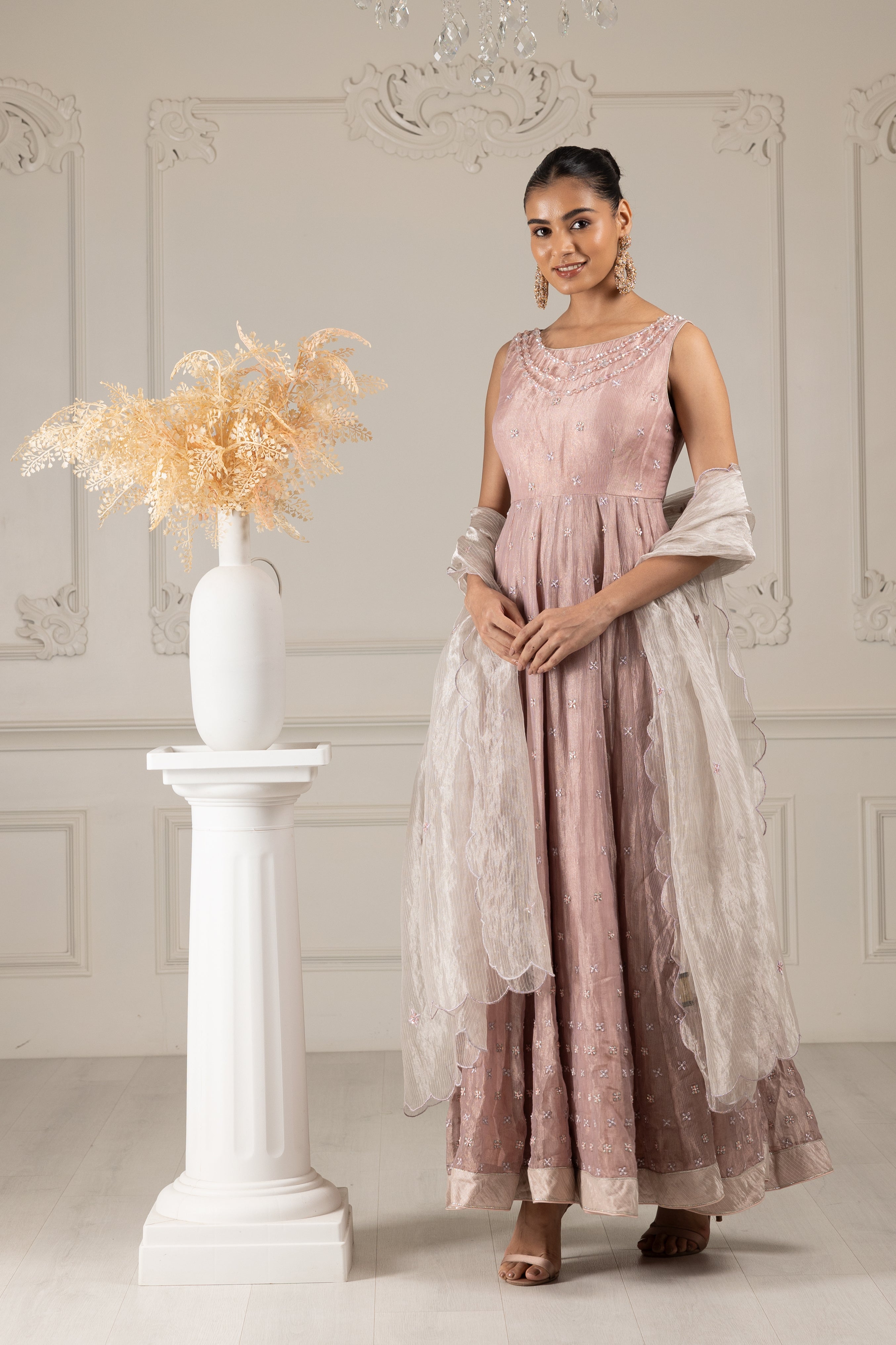 Peach Embroidered Stylised Kalidar Set