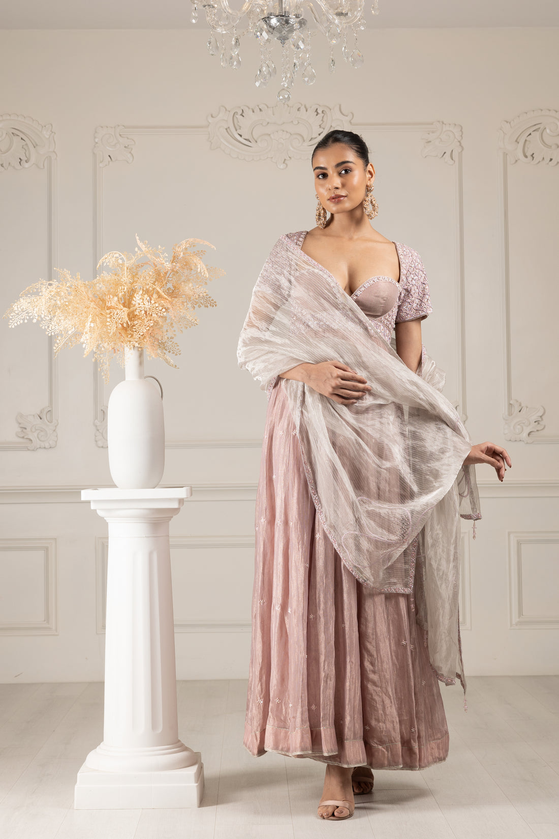 Peach Embroidered Stylised Kalidar Set