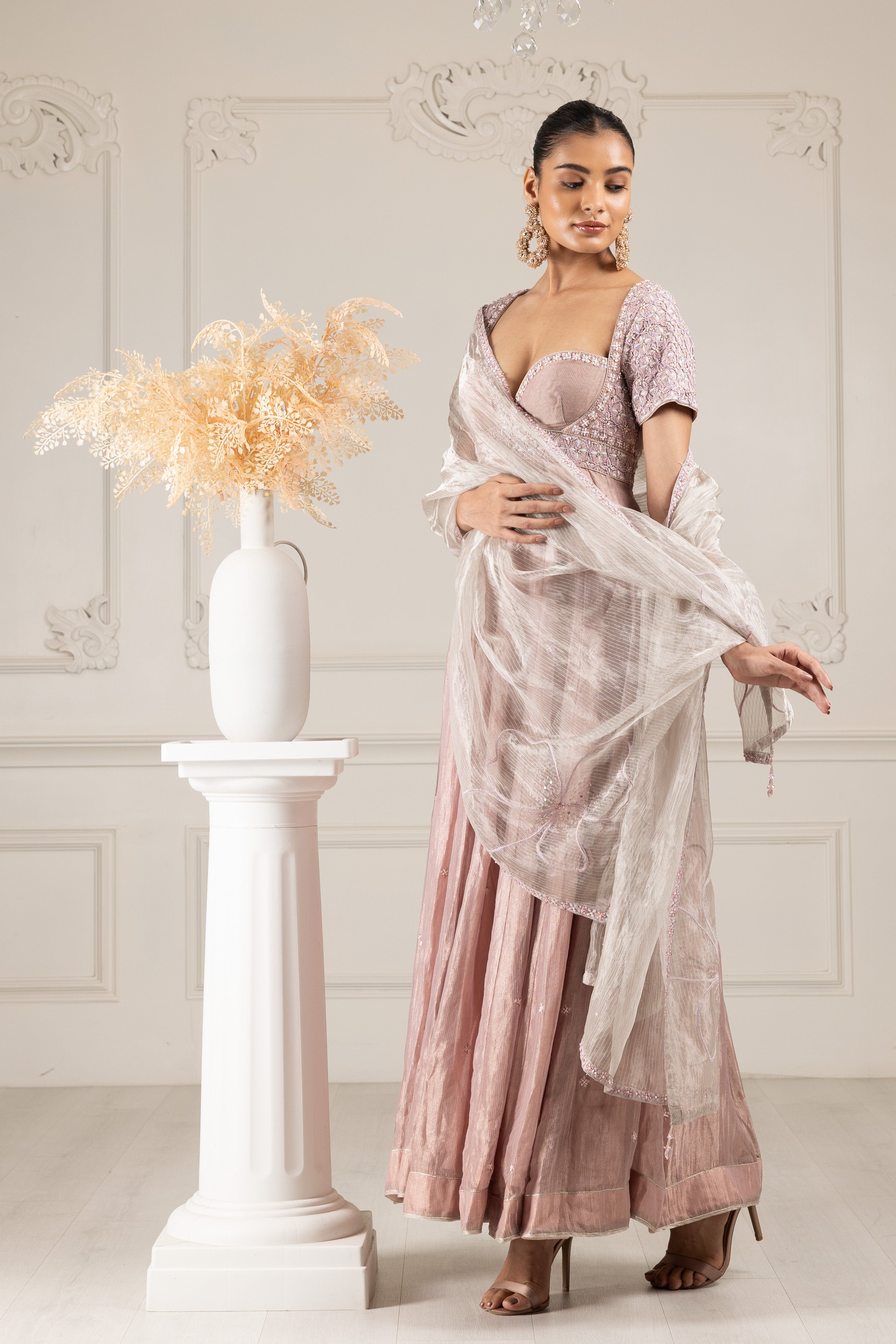 Peach Embroidered Stylised Kalidar Set